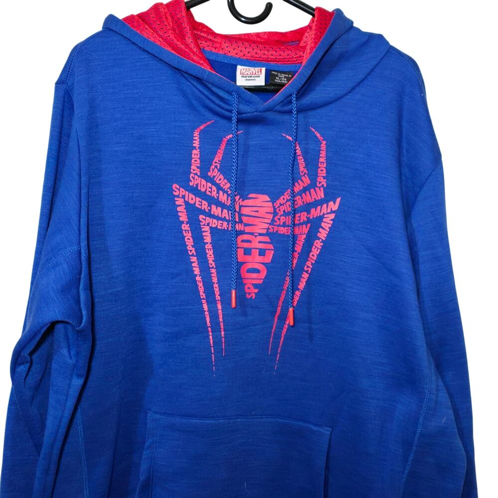 Spiderman Mens Hoodie Marvel Mad Engine Blue Red Spell Out Spider NWOT Mens XL